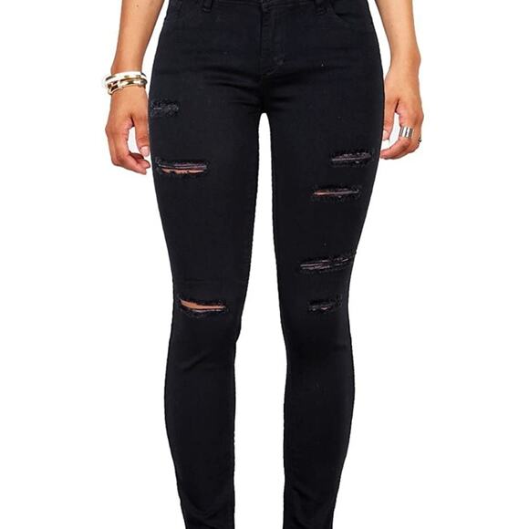 Wax Jeans Los Angeles Juniors Mid Rise Skinny Faded Black Distressed Jeans 1 - Picture 1 of 14